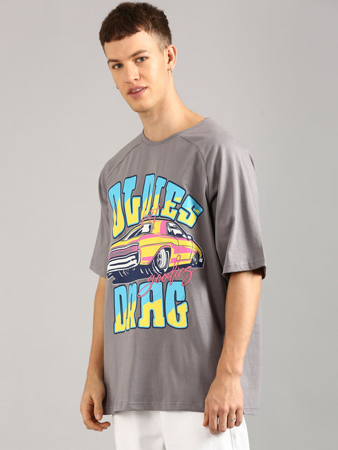 Dark Grey Oversized Printed Raglan T-shirt